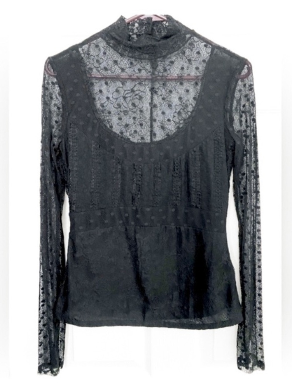 Black Lace Long Sleeved Blouse w/ Polka Dot & Floral Patterns